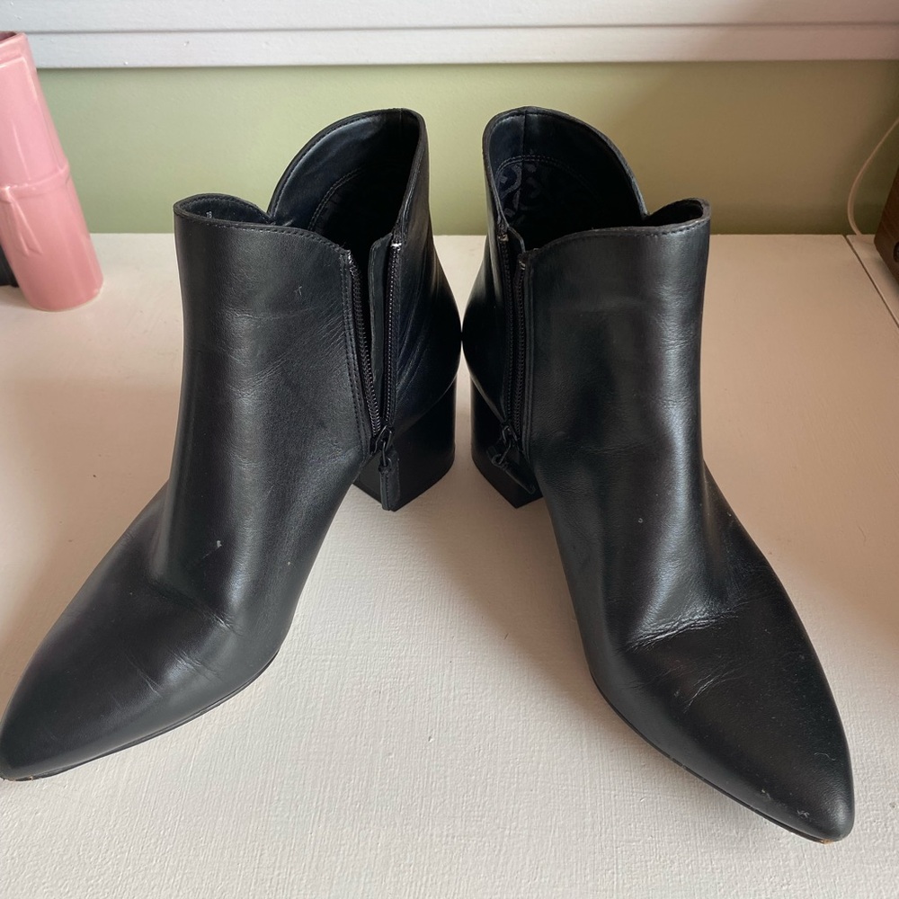 Worn once Cole Haan Black Leather Ankle Boots with chunky heel & zipper closure